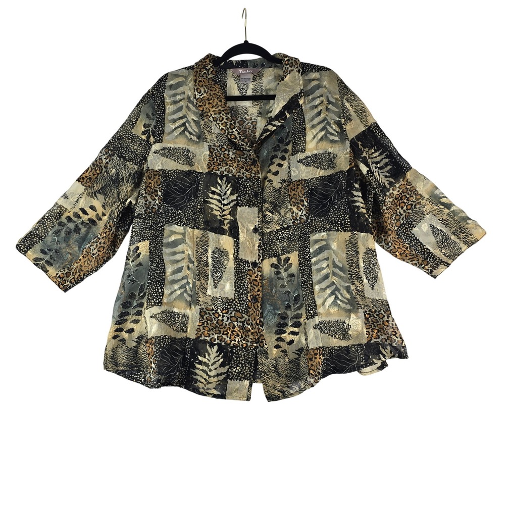 Tanjay Mixed Animal Botanical Print Blouse Women 18 Black Gold Sheer Button Up